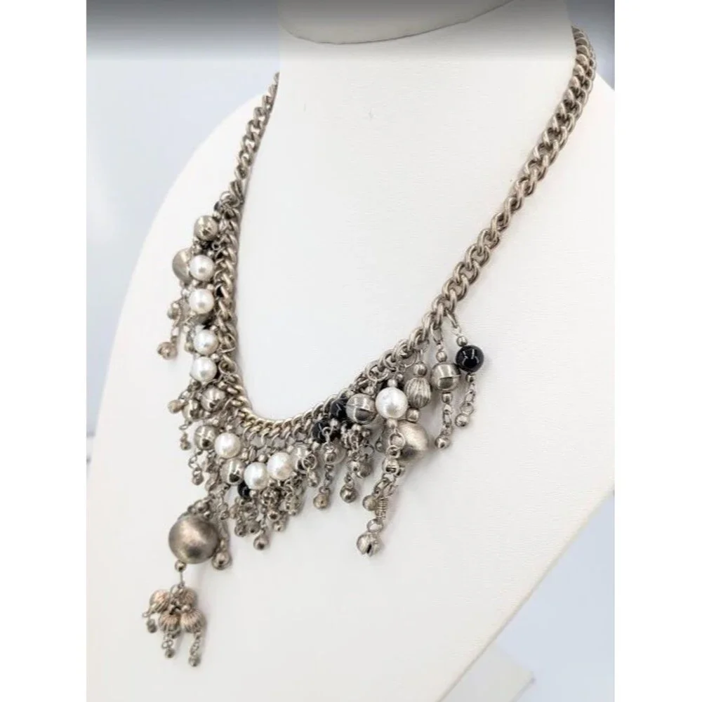 Statement Bib Necklace Silver Tone Faux Pearl Black Bead Cha Cha Charm 19 Inch